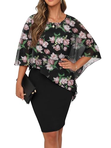 QIXING Damen Chiffon Cape Cocktialkleid Rundhals Ausschnitt Bleistiftkleid Sommerkleid Damen Knielang Elegant Abendkleid Mit Overlay Casual Bodycon Kleider (Schwarzer Kapok, M) von QIXING
