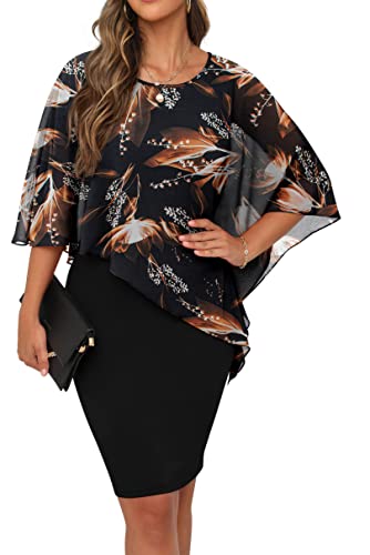 QIXING Damen Chiffon Cape Cocktialkleid Rundhals Ausschnitt Bleistiftkleid Sommerkleid Damen Knielang Elegant Abendkleid Mit Overlay Casual Bodycon Kleider (TulpenSchwarz, M) von QIXING