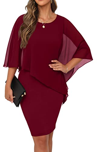 QIXING Damen Chiffon Cape Cocktialkleid Rundhals Ausschnitt Bleistiftkleid Sommerkleid Damen Knielang Elegant Abendkleid Mit Overlay Casual Bodycon Kleider (Weinrot, M) von QIXING