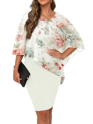 QIXING Damen Chiffon Cape Cocktialkleid Rundhals Ausschnitt Bleistiftkleid Sommerkleid Damen Knielang Elegant Abendkleid Mit Overlay Casual Bodycon Kleider (Weiße Pfingstrose, S) von QIXING