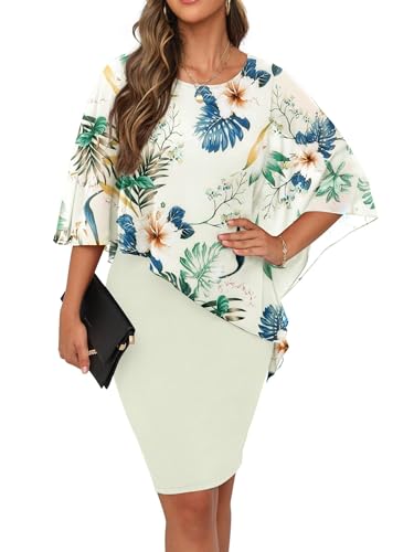 QIXING Damen Chiffon Cape Cocktialkleid Rundhals Ausschnitt Bleistiftkleid Sommerkleid Damen Knielang Elegant Abendkleid Mit Overlay Casual Bodycon Kleider (Weißer Hibiskus, XL) von QIXING