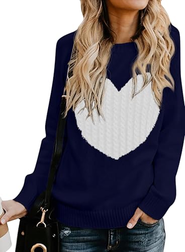 QIXING Damen Herbst Pullover Rundhals Langarm Strickpullover Herzförmig Kabelstrick Pulli Winter Damen for Mother Girlfriend (Weißes Herz auf Marineblau, L) von QIXING