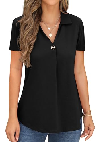 QIXING Damen-Langarm-/Kurzarm-Blusen, lässiger V-Ausschnitt, Johnny-Kragen, Button-Downs, Damen-Tuniken für Damen, C01 Schwarz, L von QIXING