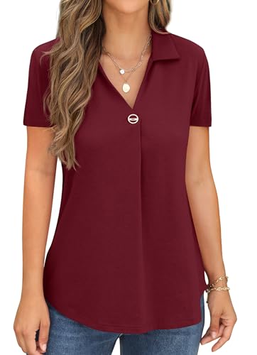 QIXING Damen-Langarm-/Kurzarm-Blusen, lässiger V-Ausschnitt, Johnny-Kragen, Button-Downs, Damen-Tuniken für Damen, C06 Weinrot, X-Large von QIXING