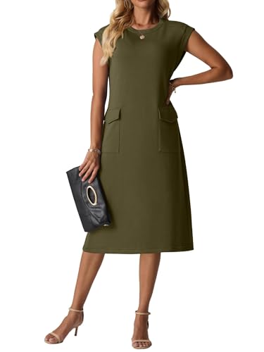 QIXING Damen Midi Strickkleid - Ärmellos, Rundhals, Faltenfrei Sommerkleid mit Taschen (Armeegrün, XL) von QIXING
