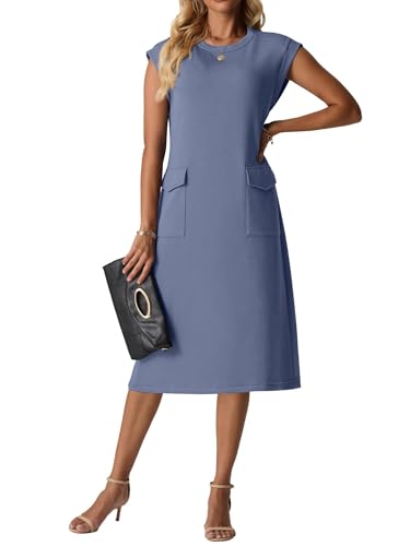 QIXING Damen Midi Strickkleid - Ärmellos, Rundhals, Faltenfrei Sommerkleid mit Taschen (Denim Blau, M) von QIXING