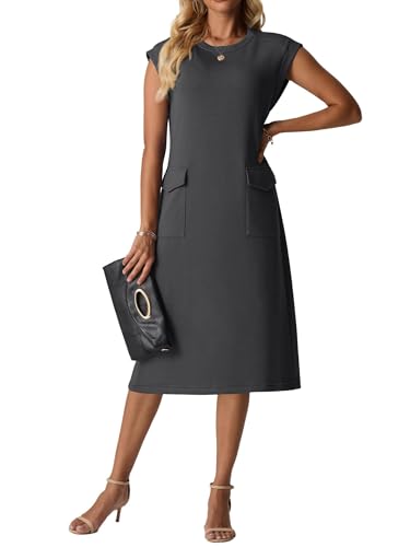 QIXING Damen Midi Strickkleid - Ärmellos, Rundhals, Faltenfrei Sommerkleid mit Taschen (Dunkelgrau, XL) von QIXING