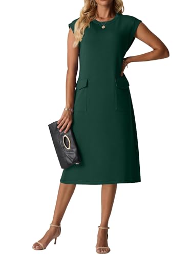 QIXING Damen Midi Strickkleid - Ärmellos, Rundhals, Faltenfrei Sommerkleid mit Taschen (Dunkelgrün, L) von QIXING