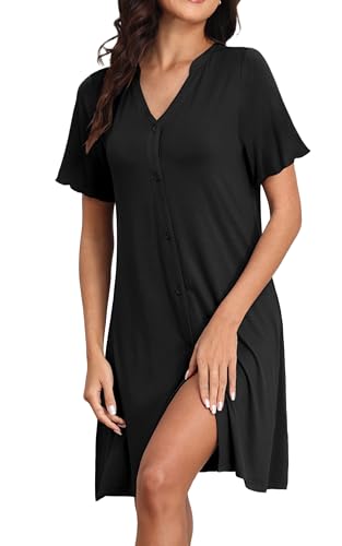 QIXING Damen-Nachthemd mit Knopfleiste, kurzärmelig, V-Ausschnitt, Viskose aus Bambus, Arbeitskleid, Knopf, Nachthemd für Mutter, Frau, Freundin, 01 black, 48 QIXING Damen-Nachthemd mit Knopfleiste, kurzärmelig, V-Ausschnitt, Viskose aus Bambus, Arbeitskleid, Knopf, Nachthemd für Mutter, Frau, Freundin, 01 black, 48 von QIXING