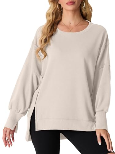 QIXING Damen Pullover Oversize Sweatshirt Rundhals Baumwollpullover Langarm Pullover Tops Herbst Mode Outfits 2024 Asymmetrischer Saum mit Seitenschlitz (Aprikose, M) von QIXING