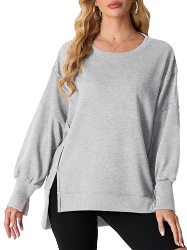 QIXING Damen Pullover Oversize Sweatshirt Rundhals Baumwollpullover Langarm Pullover Tops Herbst Mode Outfits 2024 Asymmetrischer Saum mit Seitenschlitz (Felsen Grau, S) von QIXING