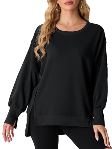 QIXING Damen Pullover Oversize Sweatshirt Rundhals Baumwollpullover Langarm Pullover Tops Herbst Mode Outfits 2024 Asymmetrischer Saum mit Seitenschlitz (Schwarz, M) von QIXING