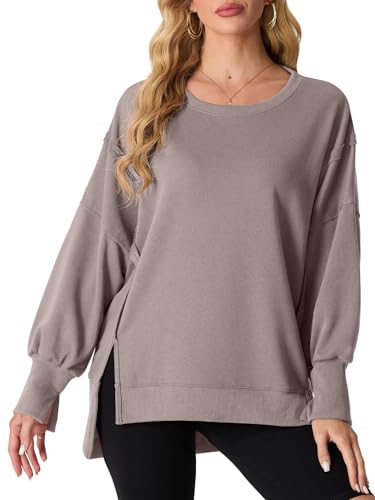 QIXING Damen Pullover Oversize Sweatshirt Rundhals Baumwollpullover Langarm Pullover Tops Herbst Mode Outfits 2024 Asymmetrischer Saum mit Seitenschlitz (Taupe, M) von QIXING