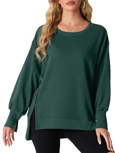 QIXING Damen Pullover Oversize Sweatshirt Rundhals Baumwollpullover Langarm Pullover Tops Herbst Mode Outfits 2024 Asymmetrischer Saum mit Seitenschlitz (Waldgrün, L) von QIXING