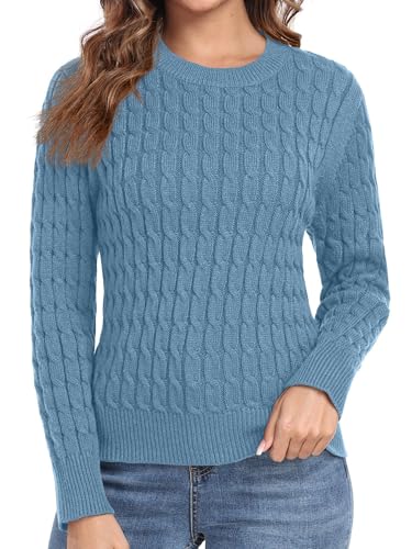 QIXING Damen Pullover mit Zopfmuster Weicher Warmer Winter Strickpullover Pulli Langarm Sweater mit Elastischem Rundhals und Gerippten Rippbündchen(Hellblau, L) von QIXING