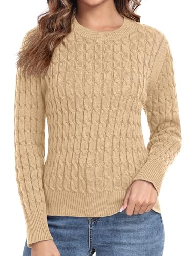 QIXING Damen Pullover mit Zopfmuster Weicher Warmer Winter Strickpullover Pulli Langarm Sweater mit Elastischem Rundhals und Gerippten Rippbündchen(Khaki, M) von QIXING