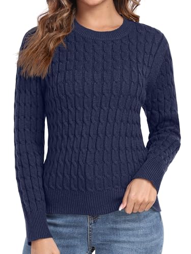 QIXING Damen Pullover mit Zopfmuster Weicher Warmer Winter Strickpullover Pulli Langarm Sweater mit Elastischem Rundhals und Gerippten Rippbündchen(Marineblau, L) von QIXING