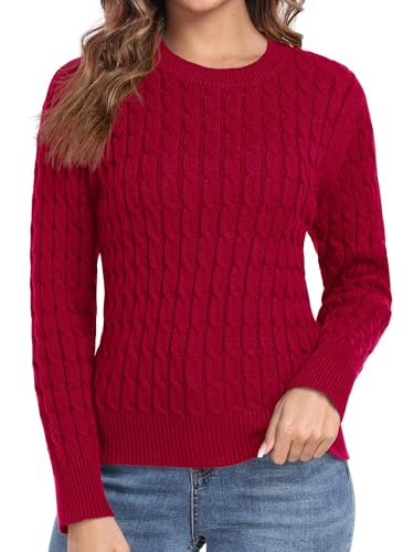 QIXING Damen Pullover mit Zopfmuster Weicher Warmer Winter Strickpullover Pulli Langarm Sweater mit Elastischem Rundhals und Gerippten Rippbündchen(Rot, L) von QIXING