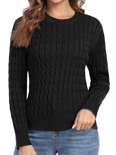QIXING Damen Pullover mit Zopfmuster Weicher Warmer Winter Strickpullover Pulli Langarm Sweater mit Elastischem Rundhals und Gerippten Rippbündchen(Schwarz, S) von QIXING
