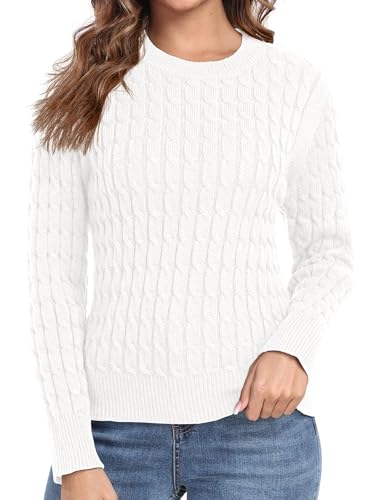 QIXING Damen Pullover mit Zopfmuster Weicher Warmer Winter Strickpullover Pulli Langarm Sweater mit Elastischem Rundhals und Gerippten Rippbündchen(Weiß, L) von QIXING