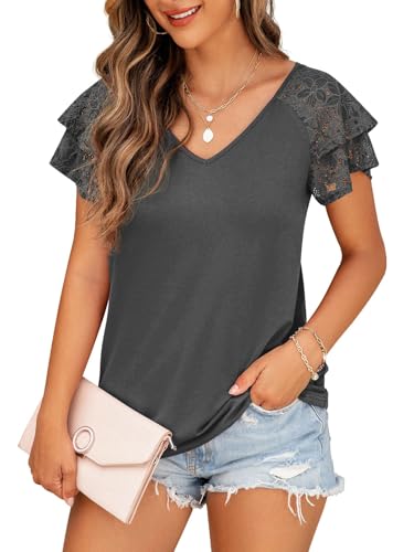 QIXING Damen Sommer Bluse und Tunika Kurzarm - Mode T-Shirt mit Doppellagigem Rüschenärmel Spitze V-Ausschnitt Sommer Tops(Dunkelgrau, M) von QIXING