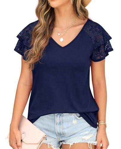 QIXING Damen Sommer Bluse und Tunika Kurzarm - Mode T-Shirt mit Doppellagigem Rüschenärmel Spitze V-Ausschnitt Sommer Tops(Marineblau, L) von QIXING