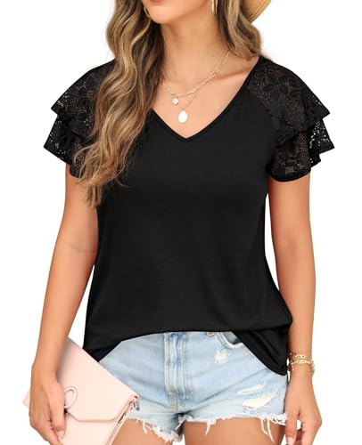 QIXING Damen Sommer Bluse und Tunika Kurzarm - Mode T-Shirt mit Doppellagigem Rüschenärmel Spitze V-Ausschnitt Sommer Tops(Schwarz, M) von QIXING