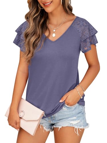 QIXING Damen Sommer Bluse und Tunika Kurzarm - Mode T-Shirt mit Doppellagigem Rüschenärmel Spitze V-Ausschnitt Sommer Tops(Violett-Grau, S) von QIXING