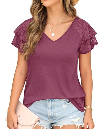 QIXING Damen Sommer Bluse und Tunika Kurzarm - Mode T-Shirt mit Doppellagigem Rüschenärmel Spitze V-Ausschnitt Sommer Tops(Violett Rot, M) von QIXING