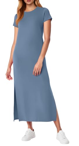 QIXING Damen Strick-Optik Maxikleid fur Kurzarm - Basic Style mit Seitensplit, Taschen & Faltenfrei Sommerkleid für Urlaub & Reise (Blau, XL) von QIXING