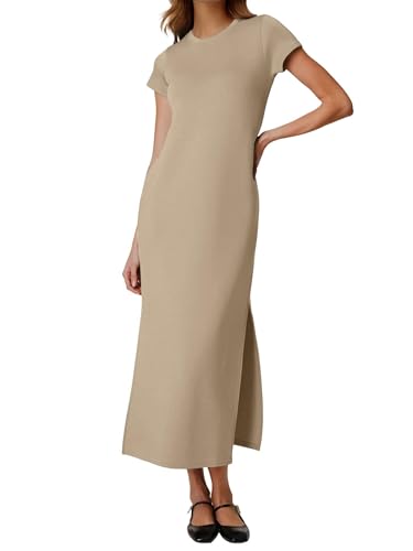 QIXING Damen Strick-Optik Maxikleid fur Kurzarm - Basic Style mit Seitensplit, Taschen & Faltenfrei Sommerkleid für Urlaub & Reise (Kaffeegrau, M) von QIXING