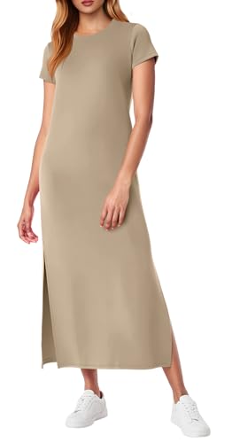 QIXING Damen Strick-Optik Maxikleid fur Kurzarm - Basic Style mit Seitensplit, Taschen & Faltenfrei Sommerkleid für Urlaub & Reise (Kaffeegrau, S) von QIXING