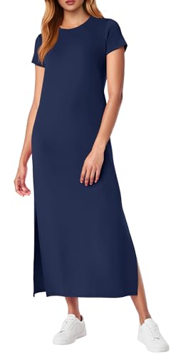 QIXING Damen Strick-Optik Maxikleid fur Kurzarm - Basic Style mit Seitensplit, Taschen & Faltenfrei Sommerkleid für Urlaub & Reise (Marineblau, XL) von QIXING