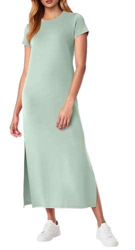 QIXING Damen Strick-Optik Maxikleid fur Kurzarm - Basic Style mit Seitensplit, Taschen & Faltenfrei Sommerkleid für Urlaub & Reise (Mintgrün, XL) von QIXING