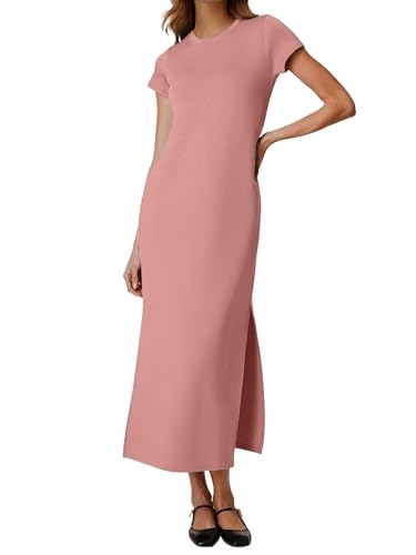 QIXING Damen Strick-Optik Maxikleid fur Kurzarm - Basic Style mit Seitensplit, Taschen & Faltenfrei Sommerkleid für Urlaub & Reise (Rosenbraun, XL) von QIXING