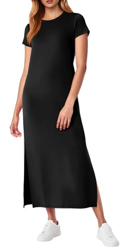 QIXING Damen Strick-Optik Maxikleid fur Kurzarm - Basic Style mit Seitensplit, Taschen & Faltenfrei Sommerkleid für Urlaub & Reise (Schwarz, M) von QIXING