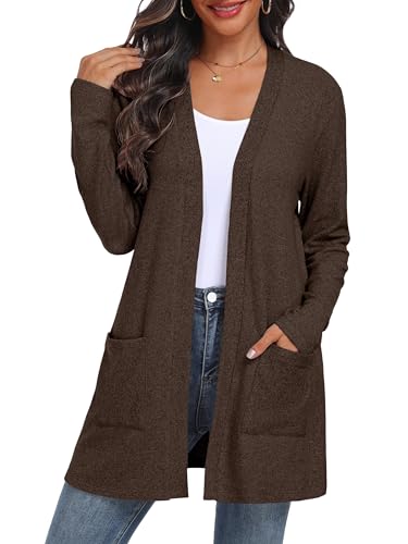 QIXING Damen Strickjacke Offen | Leichter Langarm Elegant Cardigan mit Taschen für Herbst & Winter | Bequem, atmungsaktiv und warm (Braun, L) von QIXING
