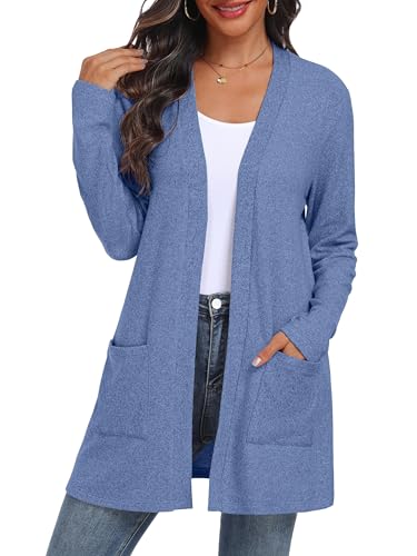 QIXING Damen Strickjacke Offen | Leichter Langarm Elegant Cardigan mit Taschen für Herbst & Winter | Bequem, atmungsaktiv und warm (Denim Blau, XXL) von QIXING