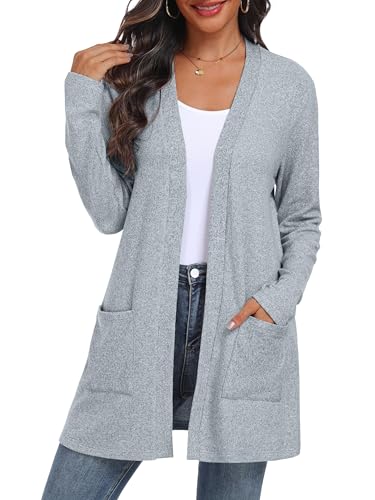 QIXING Damen Strickjacke Offen | Leichter Langarm Elegant Cardigan mit Taschen für Herbst & Winter | Bequem, atmungsaktiv und warm (Graublau, XXL) von QIXING
