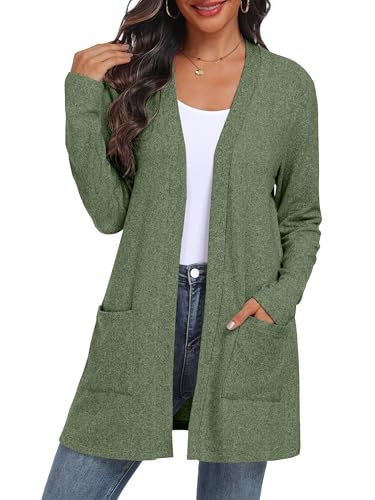 QIXING Damen Strickjacke Offen | Leichter Langarm Elegant Cardigan mit Taschen für Herbst & Winter | Bequem, atmungsaktiv und warm (Grün, 3XL) von QIXING