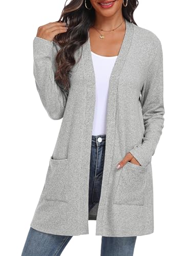 QIXING Damen Strickjacke Offen | Leichter Langarm Elegant Cardigan mit Taschen für Herbst & Winter | Bequem, atmungsaktiv und warm (Hell Grau, XL) von QIXING