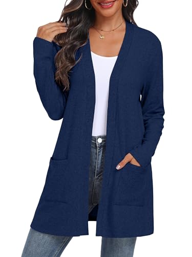 QIXING Damen Strickjacke Offen | Leichter Langarm Elegant Cardigan mit Taschen für Herbst & Winter | Bequem, atmungsaktiv und warm (Königsblau, M) von QIXING