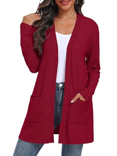QIXING Damen Strickjacke Offen | Leichter Langarm Elegant Cardigan mit Taschen für Herbst & Winter | Bequem, atmungsaktiv und warm (Rot, 3XL) von QIXING