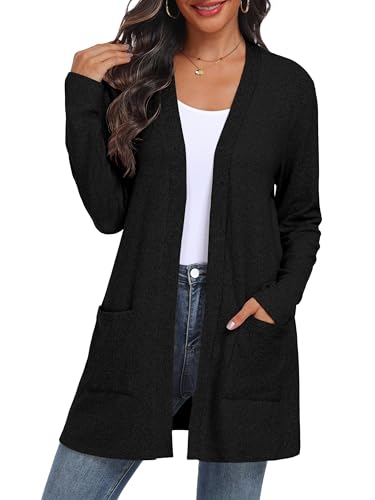 QIXING Damen Strickjacke Offen | Leichter Langarm Elegant Cardigan mit Taschen für Herbst & Winter | Bequem, atmungsaktiv und warm (Schwarz, XXL) von QIXING