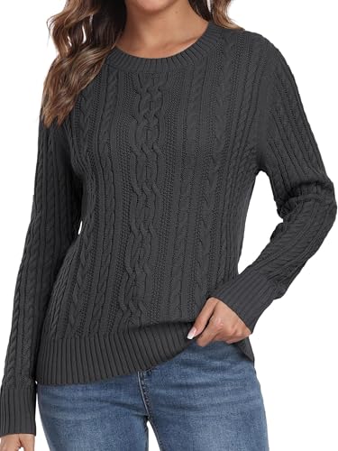 QIXING Damen Strickpullover mit Zopfmuster Langarm Pulli Warmer Winter Pullover Sweater mit Rundhals und Gerippten Rippbündchen (Dunkelgrau, S) von QIXING