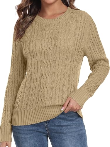QIXING Damen Strickpullover mit Zopfmuster Langarm Pulli Warmer Winter Pullover Sweater mit Rundhals und Gerippten Rippbündchen (Khaki, L) von QIXING