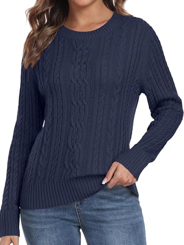 QIXING Damen Strickpullover mit Zopfmuster Langarm Pulli Warmer Winter Pullover Sweater mit Rundhals und Gerippten Rippbündchen (Marineblau, 2XL) von QIXING