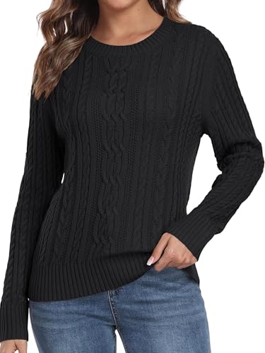 QIXING Damen Strickpullover mit Zopfmuster Langarm Pulli Warmer Winter Pullover Sweater mit Rundhals und Gerippten Rippbündchen (Schwarz, M) von QIXING