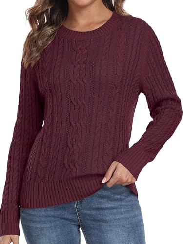 QIXING Damen Strickpullover mit Zopfmuster Langarm Pulli Warmer Winter Pullover Sweater mit Rundhals und Gerippten Rippbündchen (Weinrot, 2XL) von QIXING