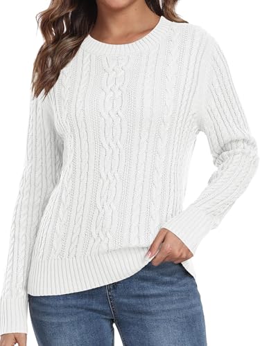 QIXING Damen Strickpullover mit Zopfmuster Langarm Pulli Warmer Winter Pullover Sweater mit Rundhals und Gerippten Rippbündchen (Weiß, M) von QIXING